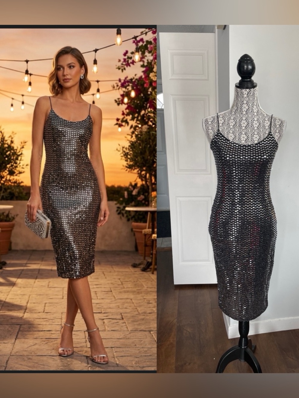 NWT Disco Ball Silver Bodycon Midi Party Dress. Stretchy. Size 8. Made in UK ✨